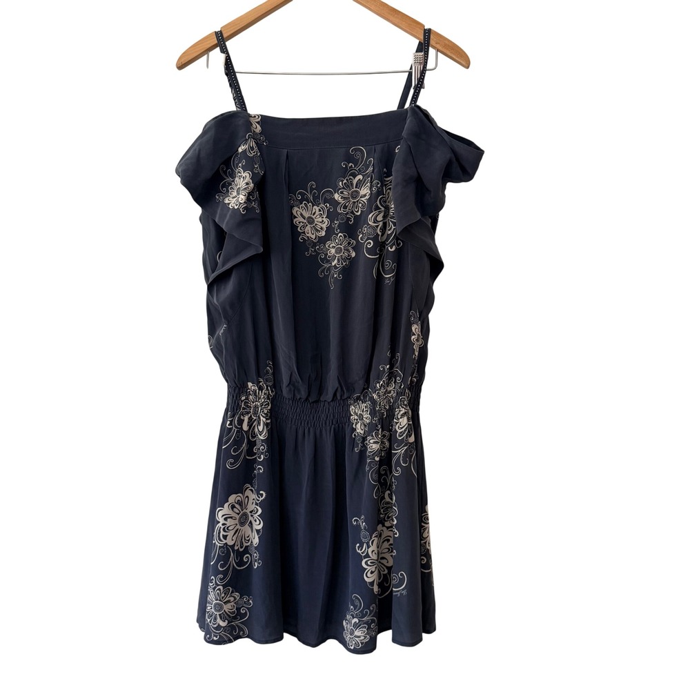 Liu Jeans by Liu Jo 100% Silk Luxury Blue Floral Cold Shoulder Ruffle Mini Dress